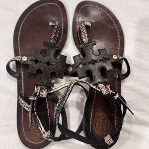 Tory Burch Phoebe Snake-Embossed Flat Sandals Brown Size 7